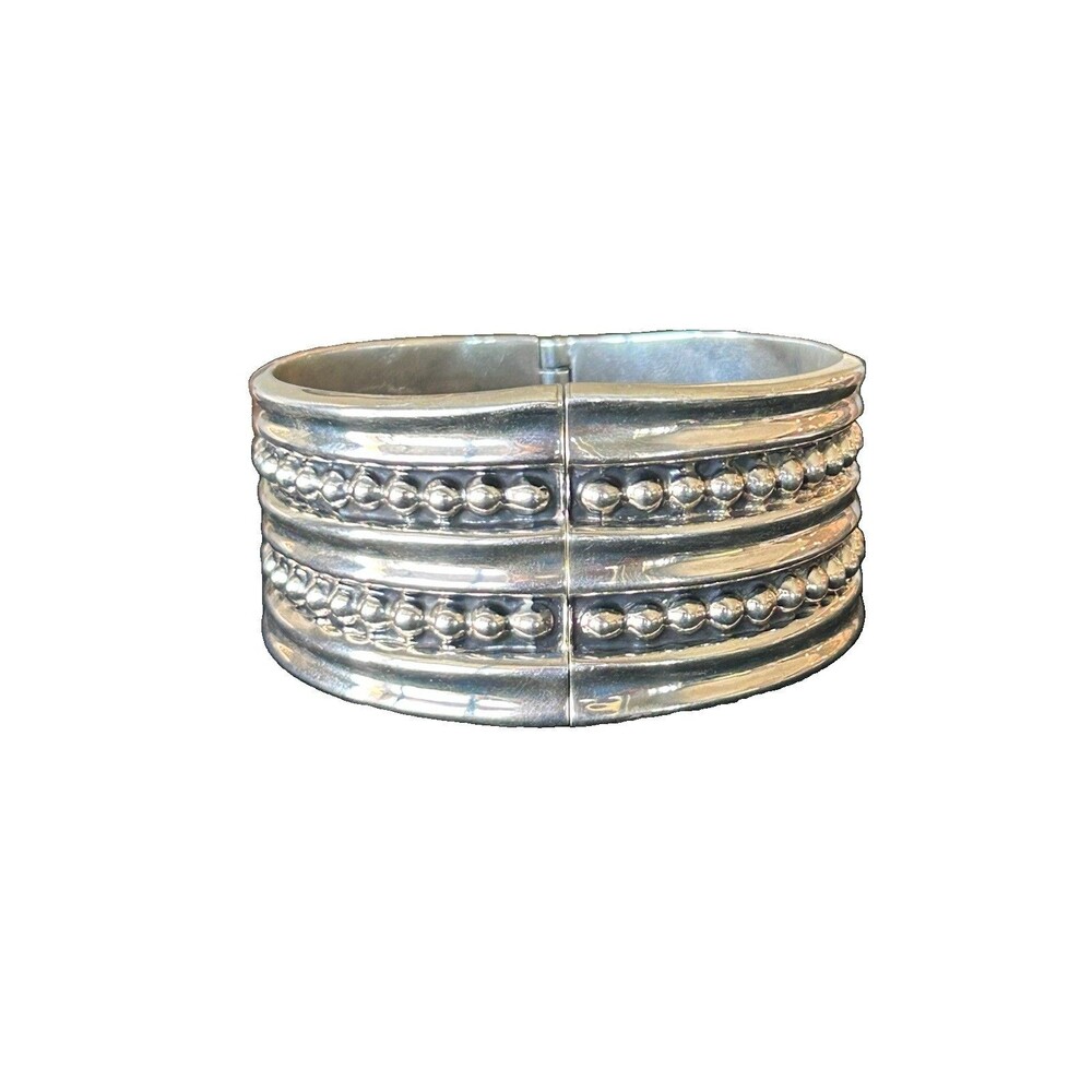Vintage Mexico 925 Sterling Silver Wide Hinged Cuff Bracelet Beaded 54.6g